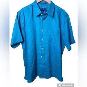 Alan Flusser Men’s Short Sleeve Button Up 100% Linen Shirt Size XL